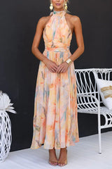 Women's Floral Maxi Dress Halter Neck Sleeveless – Wedding Guest Summer