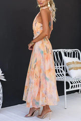Women's Floral Maxi Dress Halter Neck Sleeveless – Wedding Guest Summer