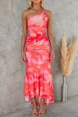 Women's Floral Maxi Dress One Shoulder Ruched Asymmetric Ruffle – Wedding Guest