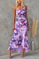 Women's Floral Maxi Dress One Shoulder Ruched Asymmetric Ruffle – Wedding Guest