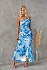 Women's Floral Maxi Dress One Shoulder Ruched Asymmetric Ruffle – Wedding Guest