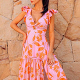 Women's Floral Maxi Dress Ruffle Shoulder V Neck – Beach Vacation Summer