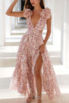 Women's Floral Maxi Dress Ruffle Sleeve V Neck – Wedding Guest