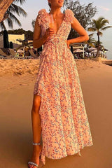 Women's Floral Maxi Dress Ruffle Sleeve V Neck – Wedding Guest