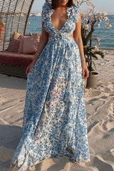 Women's Floral Maxi Dress Ruffle Sleeve V Neck – Wedding Guest