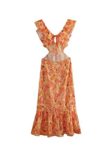 Women's Floral Maxi Dress Ruffle V Neck Cutout Waist – Wedding Guest
