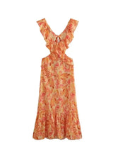 Women's Floral Maxi Dress Ruffle V Neck Cutout Waist – Wedding Guest