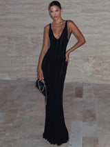 Women's Floral Maxi Dress Sleeveless Deep V-Neck Straps – Wedding Guest