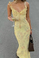 Women's Floral Maxi Dress Slip Spaghetti Strap V Neck – Wedding Guest Boho