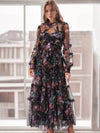 Women's Floral Maxi Dress Tiered High Neck Long Sleeve – Cocktail Party
