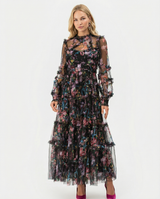Women's Floral Maxi Dress Tiered High Neck Long Sleeve – Cocktail Party