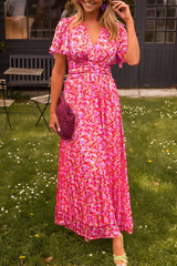 Women's Floral Maxi Dress V Neck Flutter Sleeve Ruched Waist – Garden Party