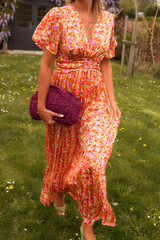 Women's Floral Maxi Dress V Neck Flutter Sleeve Ruched Waist – Garden Party