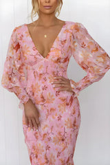 Women's Floral Midi Dress Deep V Neck Bishop Sleeve – Wedding Guest
