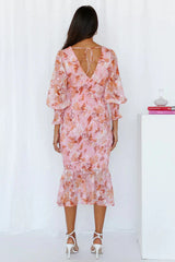 Women's Floral Midi Dress Deep V Neck Bishop Sleeve – Wedding Guest
