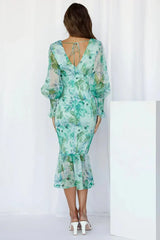 Women's Floral Midi Dress Deep V Neck Bishop Sleeve – Wedding Guest