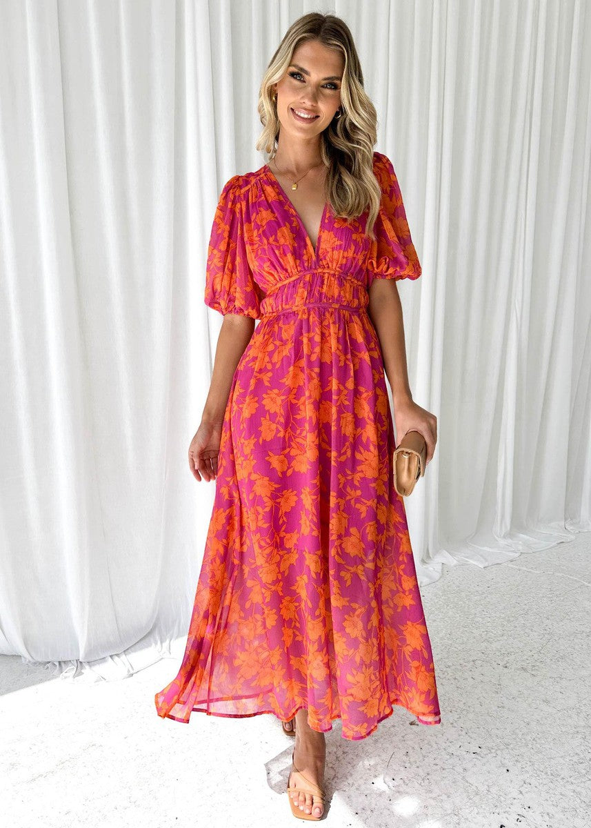 Women's Floral Midi Dress Puff Sleeve V-Neck – Garden Party