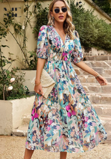 Women's Floral Midi Dress Puff Sleeve V Neck – Wedding Guest