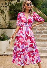 Women's Floral Midi Dress Puff Sleeve V Neck – Wedding Guest