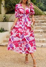 Women's Floral Midi Dress Puff Sleeve V Neck – Wedding Guest
