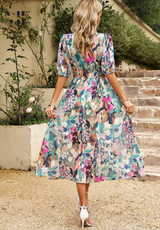 Women's Floral Midi Dress Puff Sleeve V Neck – Wedding Guest
