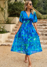 Women's Floral Midi Dress Puff Sleeve V Neck – Wedding Guest