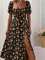 Women's Floral Midi Dress Short Sleeve Sweetheart Neck – Garden Party