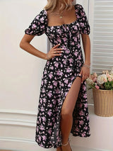 Women's Floral Midi Dress Short Sleeve Sweetheart Neck – Garden Party
