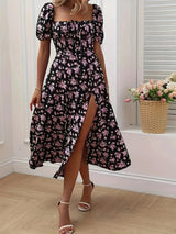 Women's Floral Midi Dress Short Sleeve Sweetheart Neck – Garden Party