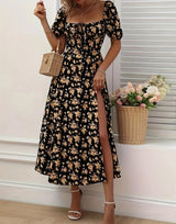 Women's Floral Midi Dress Short Sleeve Sweetheart Neck – Garden Party