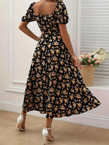 Women's Floral Midi Dress Short Sleeve Sweetheart Neck – Garden Party