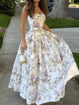 Women's Floral Midi Dress Square Neck Spaghetti Strap – Garden Party Wedding Guest