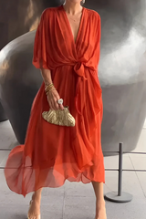 Women's Flowing Maxi Dress Draped V Neck Tie Waist – Cocktail Party