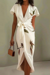 Women's Flowing Midi Dress Leaf Print Wrap V Neck – Beach Vacation