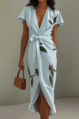 Women's Flowing Midi Dress Leaf Print Wrap V Neck – Beach Vacation
