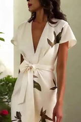 Women's Flowing Midi Dress Leaf Print Wrap V Neck – Beach Vacation