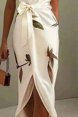 Women's Flowing Midi Dress Leaf Print Wrap V Neck – Beach Vacation
