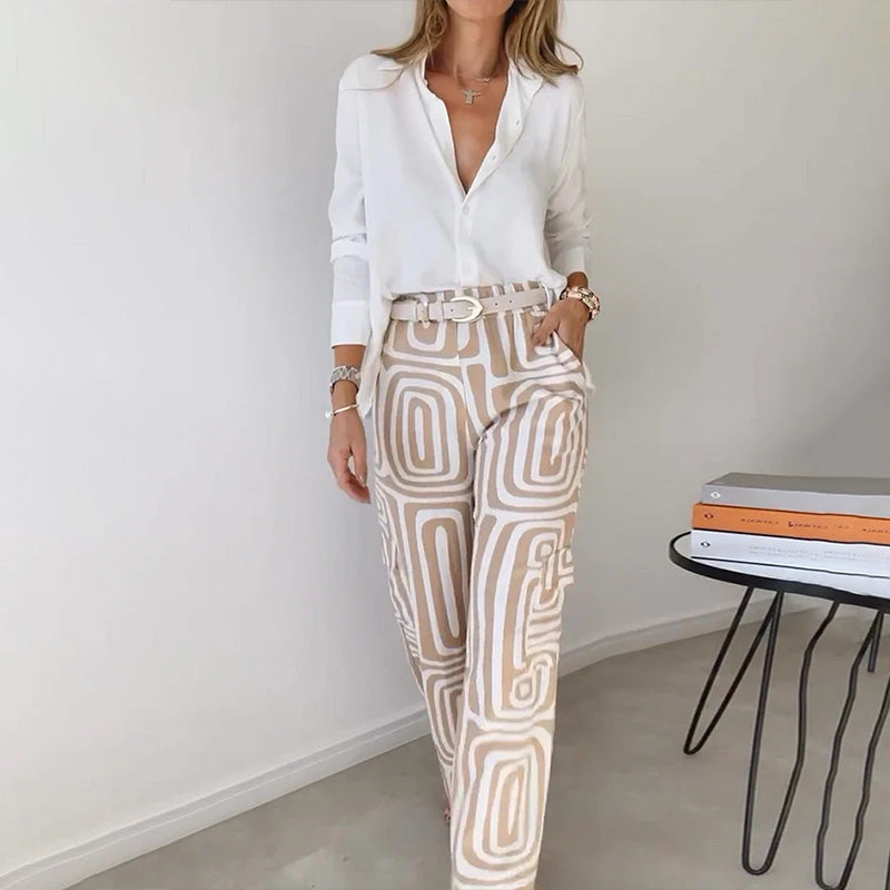 Women's Geometric 2 Piece Set Wide Leg Pants Long Sleeve – Night Out
