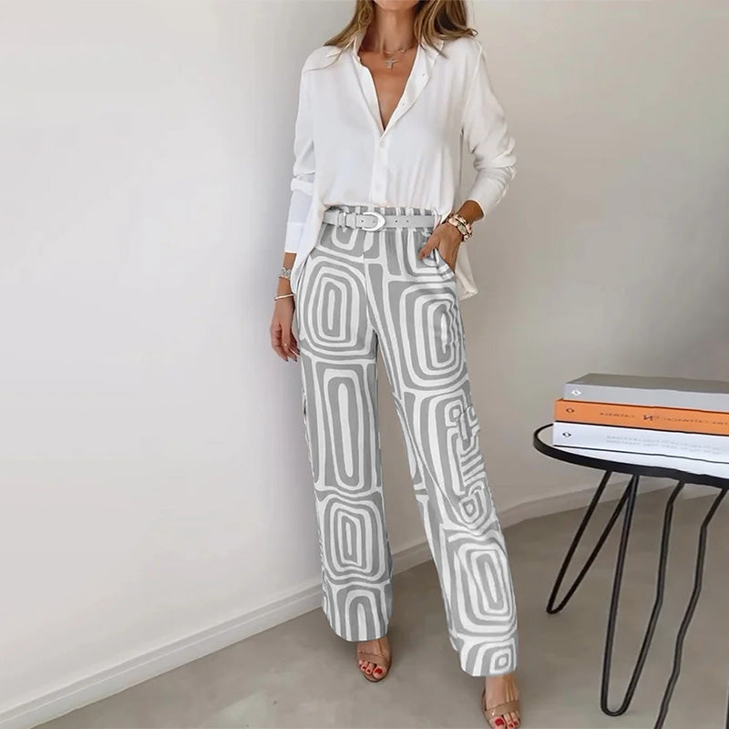 Women's Geometric 2 Piece Set Wide Leg Pants Long Sleeve – Night Out