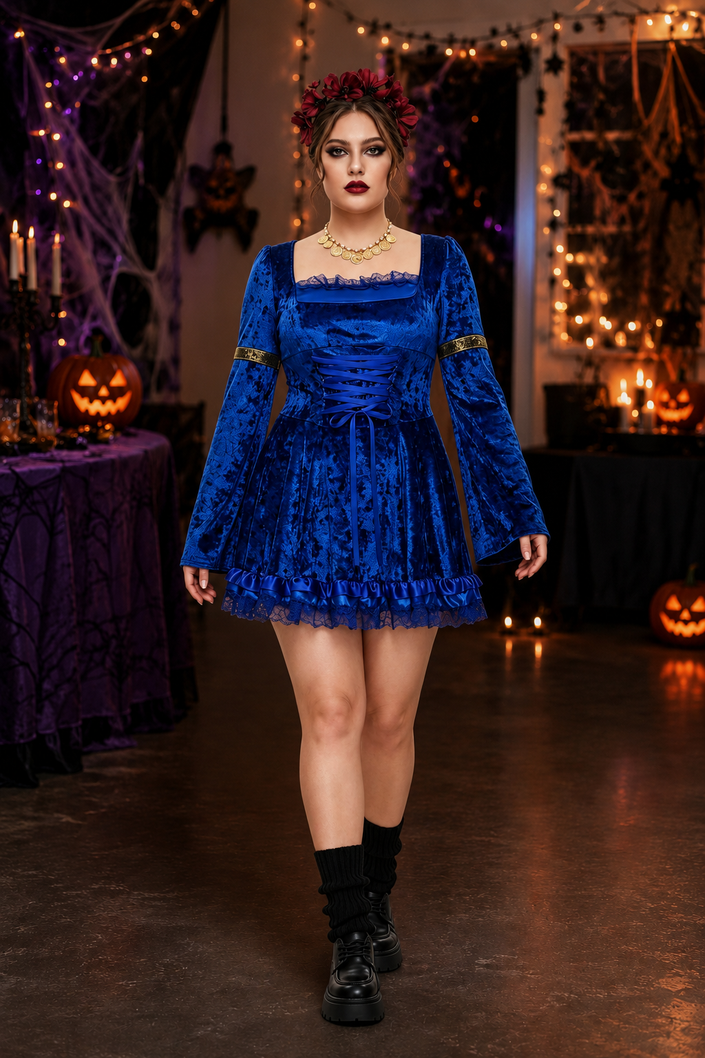 Women's Gothic Costume Dress Square Neck Lace Up Bell Sleeve – Halloween Masquerade