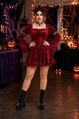 Women's Gothic Costume Dress Square Neck Lace Up Bell Sleeve – Halloween Masquerade