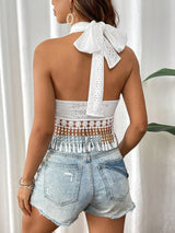 Women's Halter Crop Top Eyelet Tie Neck Fringe Hem – Beach Vacation