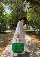 Women's Heart Print Maxi Dress Button Front Puff Sleeve – Garden Party