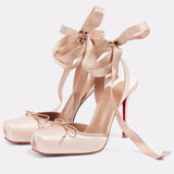 Women’s High Heels Square Toe Bow Accent Ankle Ties – Gallery Receptions