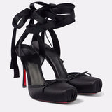 Women’s High Heels Square Toe Bow Accent Ankle Ties – Gallery Receptions