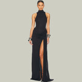Women's High Neck Maxi Dress Draped Waist High Slit – Wedding Guest