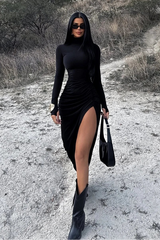 Women's High Slit Turtleneck Cocktail Party Maxi Dress – Evening Gala