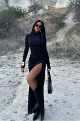 Women's High Slit Turtleneck Cocktail Party Maxi Dress – Evening Gala