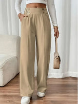 Women’s High-Waisted Wide-Leg Trousers Button Detail Side Pockets – Workday Meetings