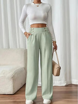 Women’s High-Waisted Wide-Leg Trousers Button Detail Side Pockets – Workday Meetings
